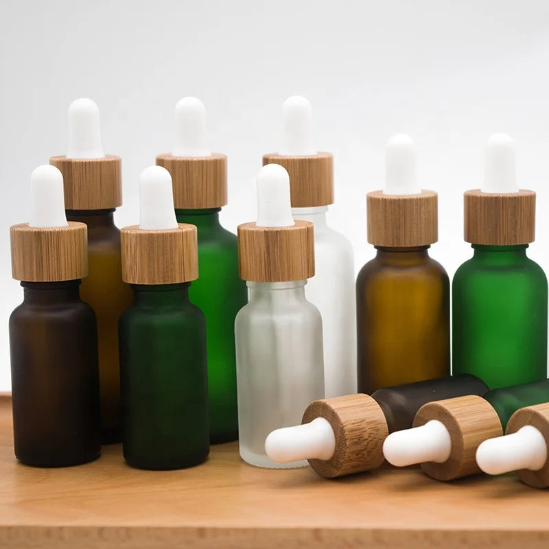 5ml 10ml 15ml 20ml 30ml 50ml 100ml Frosted Glass Essential Oil Dropper Bamboo Cap Avoid Light Round Bottles with Bamboo Dropper