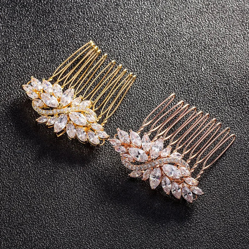 SLBRIDAL Top Quality Prong Setting Clear Cubic Zircon Wedding Hair Comb Bridal CZ Headpieces Hair Accessories Women Jewelry