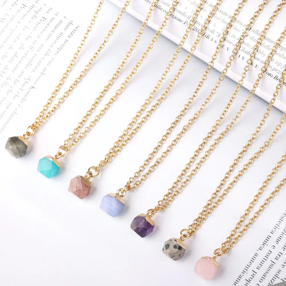 Stainless Steel Chain Healing Raw Gemstone Birthstone Rose Quartz Faceted Natural Stone Pendant Necklace