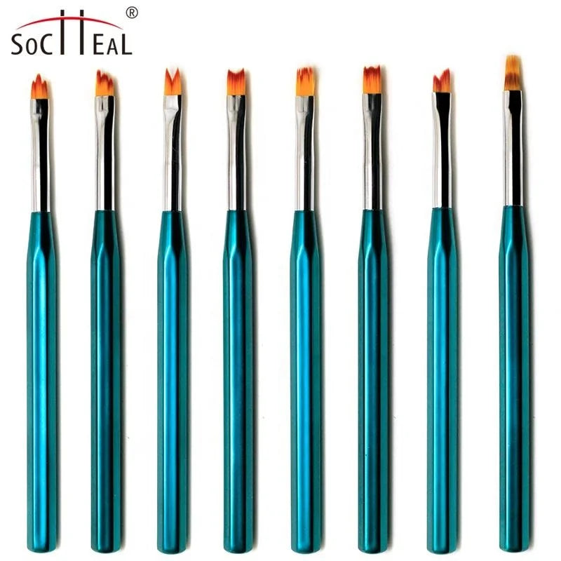 New Dark Green Plastic Handle 8PCS UV Gel Drawing Painting Flower Pen Set Soft Nylon French Nail Brush Manicure Tools for Nail