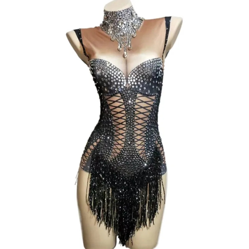 New Fashion Black Fringes Rhinestone Bodysuit Lady Bodycon One Piece Playsuit Women Pole Dance Performance Wear Club Jumpsuit