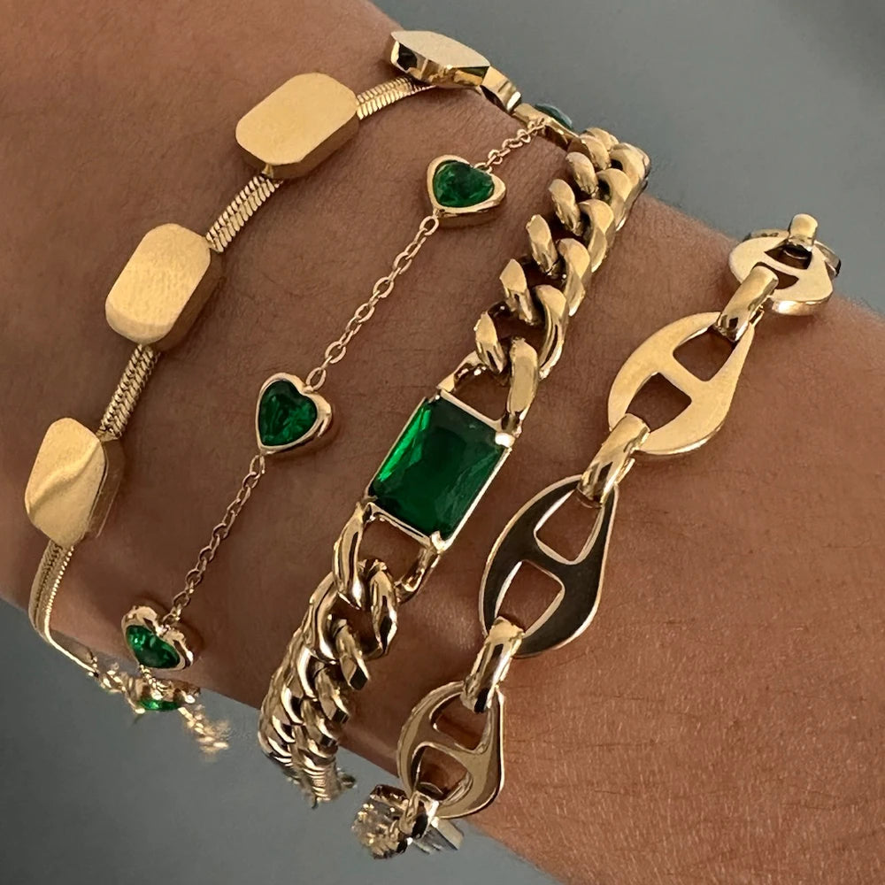 Women's Trendy 14K Gold Plated Stainless Steel Jewelry Set 14K Gold Plated Heart Zircon Bracelet Cuban Chain Pig Nose Flat Snake