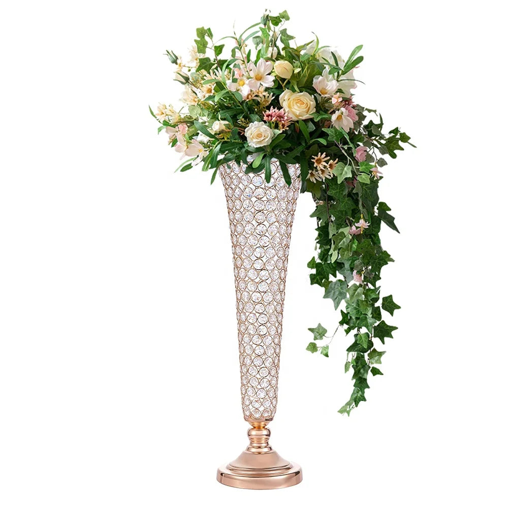 New Arrival Luxury Real Gold Diamond Stained Glitter Large Wedding Table Glass Flower Crystal Vase Christmas New Year
