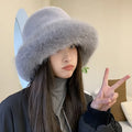Wholesale Faux Fur Heat-Transfer Printed Bucket Hats Unisex Keep Warm Big Head Ear Protection 2024 New Winter Panama Plush Caps