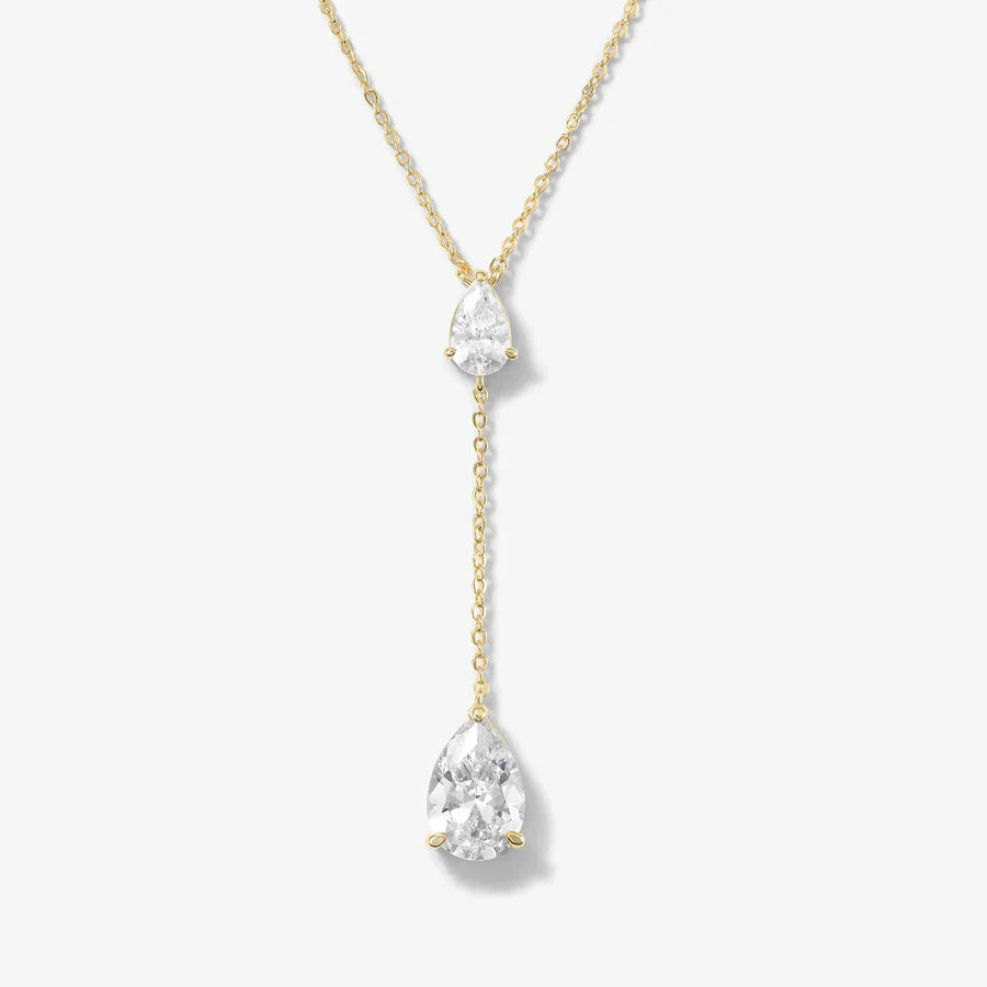 925 Sterling Silver Women Jewelry Gold Plated Pear Drop CZ Pendant Lariat Y Necklace