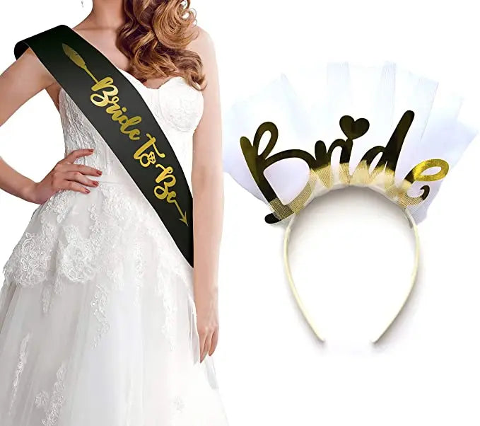 Bachelorette Party Bridal Shower Rose Gold Silver Bride to Be Sash Headband Veil Crown Tiara Set