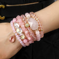 Bohemian Vacation Style Women's Jewelry 6 Pcs Pink Quartz Labradorite Natural Stone Glass Bead Stretch Stack Bracelet Set