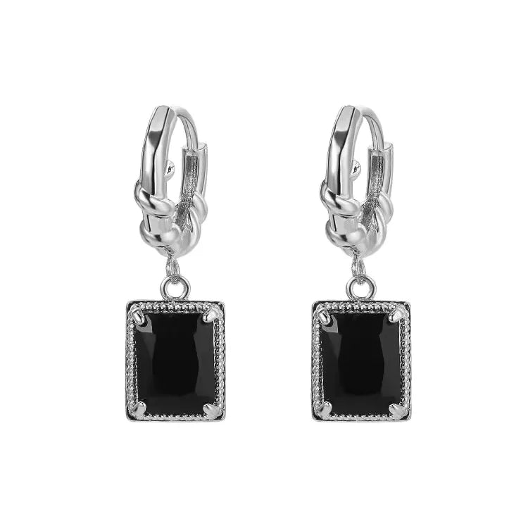 Wholesale Fashion  square Silver Hoop Earrings for Women Exaggerated Black Stone Fashion Style Jewelry