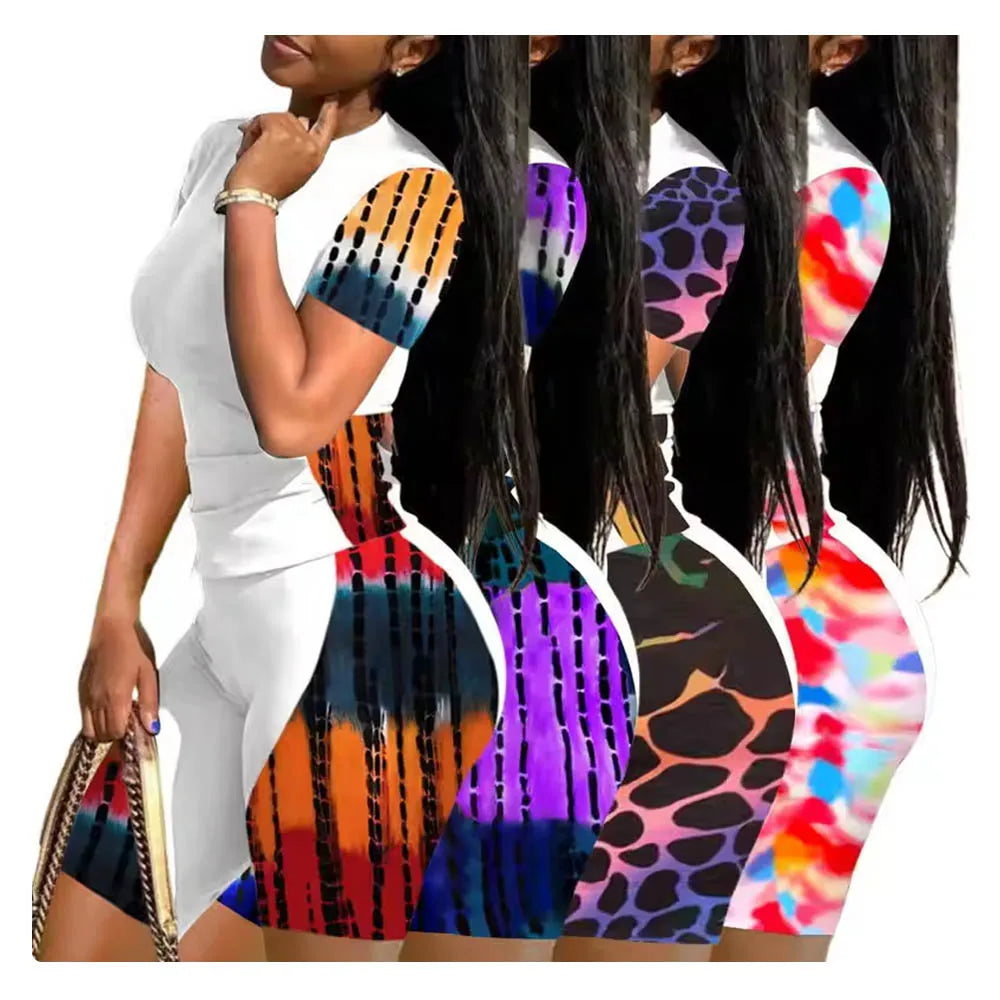 Women Plus Size Colorblock Two Piece Sets Summer Outfits Short Sleeve t Shirts Shorts Sets Ladies Casual Clothing Xl-5xl