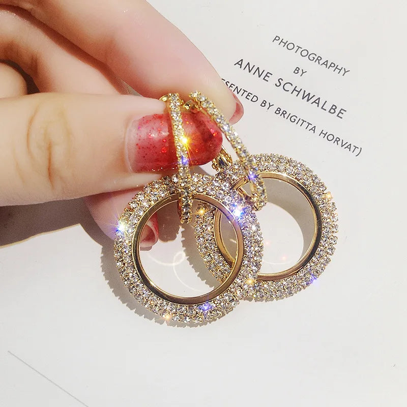 Huitan Fashion Big Double Hoop Earrings Women Girls Shiny Zircon Micro Pave Korean Hotsale Four Color Trendy Lady Hoop Earrings