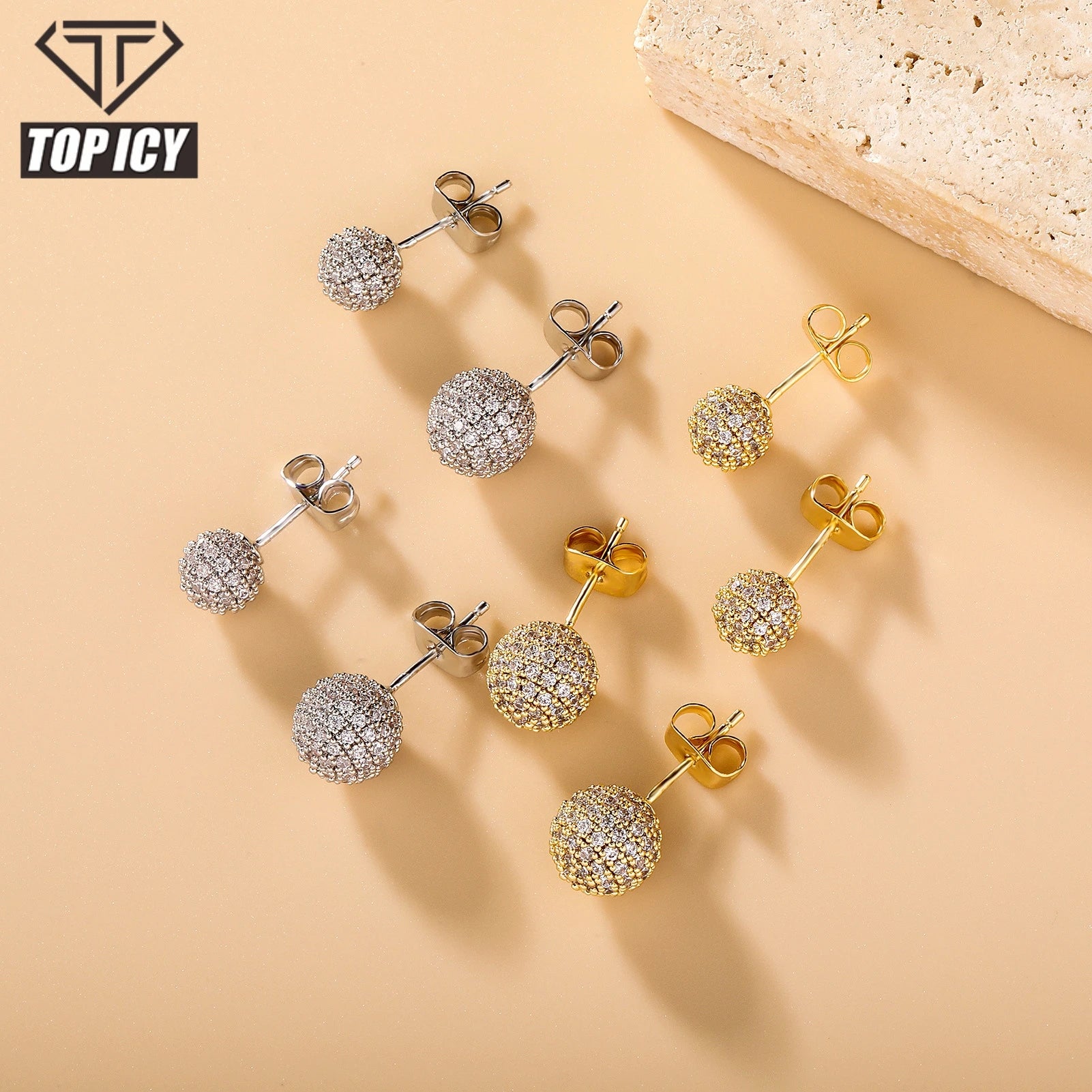 Ball Shape Silver Pin Non Allergic Earrings 6mm 8mm Diamond Stud Brass 18K Gold Plated 5A CZ Earrings Women