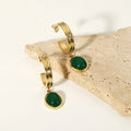 Non Tarnish Gold Plated Stainless Steel Green Natural Stone Pendant Hoop Earring Gemstone Earrings for Women