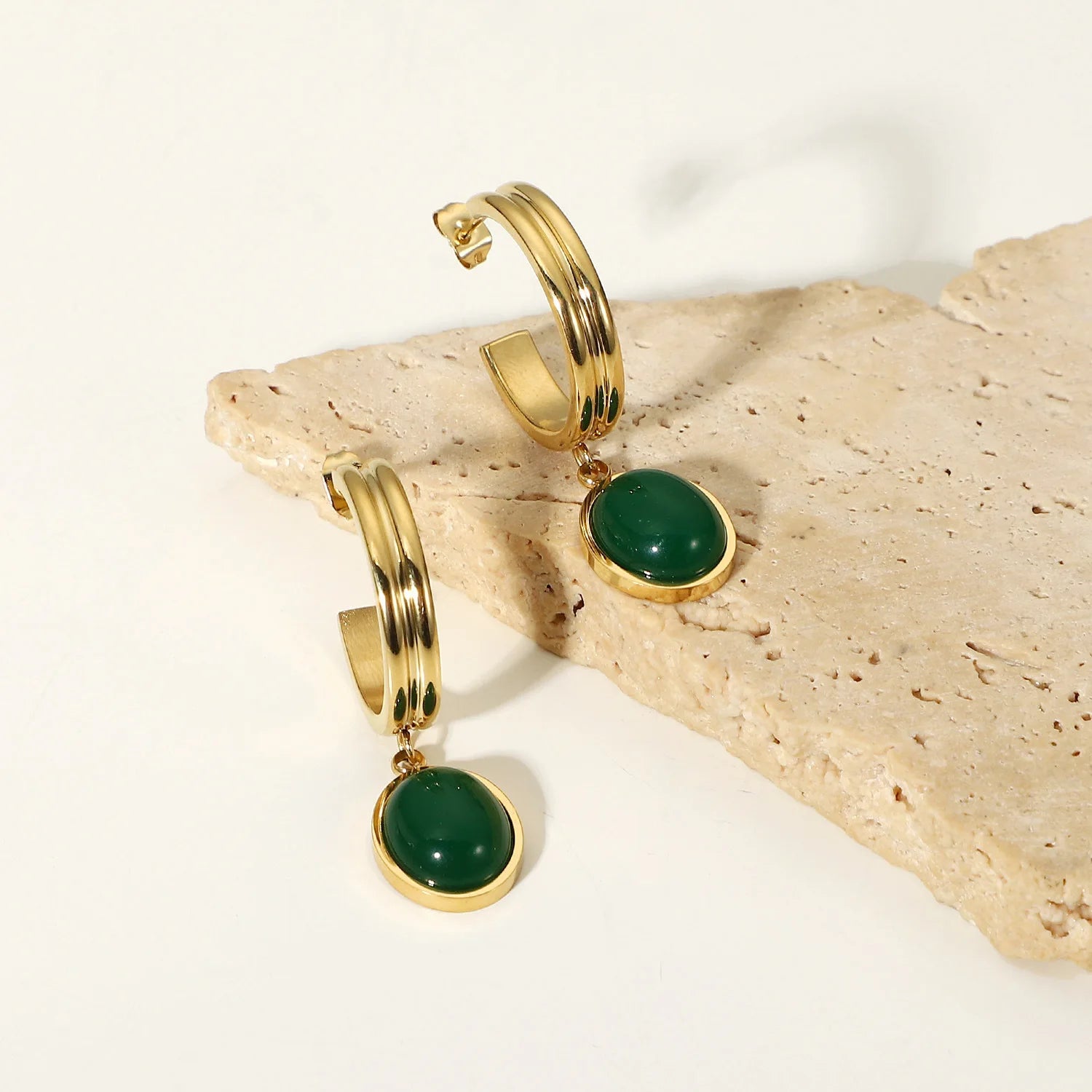 Non Tarnish Gold Plated Stainless Steel Green Natural Stone Pendant Hoop Earring Gemstone Earrings for Women