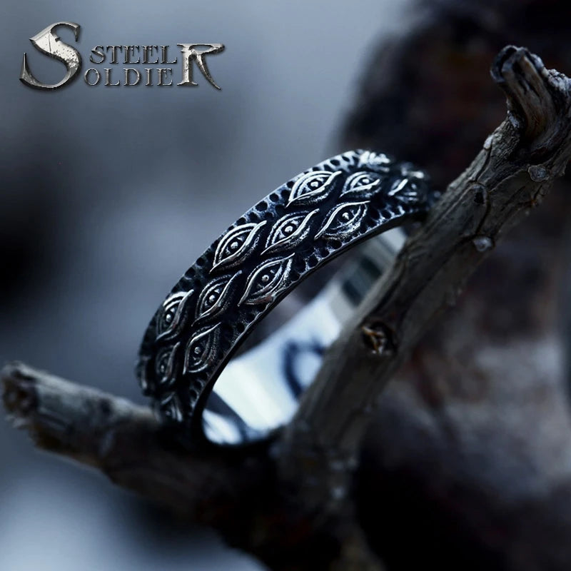 SS8-1131R 316L Stainless Steel Men's Ring Japanese Mythology Carved Eyes Ring for Men Cool Rock Jewelry Gift Party