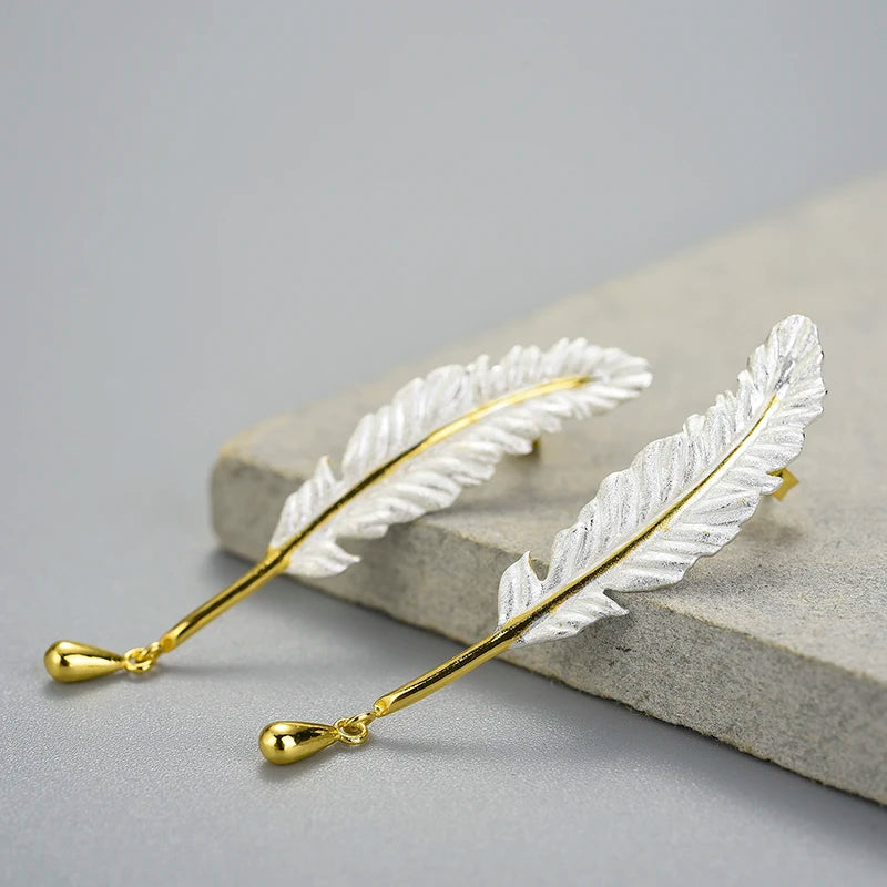 Lotus Fun Handmade 925 Sterling Silver 18k Gold Plated Cute Goose Feather Drop Earrings Luxury Jewelry Gifts for Women