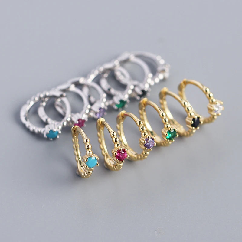925 Sterling Silver Colorful Zircon Purple Black Blue Turquio Cute Small Round CZ Hoop Earrings for Women