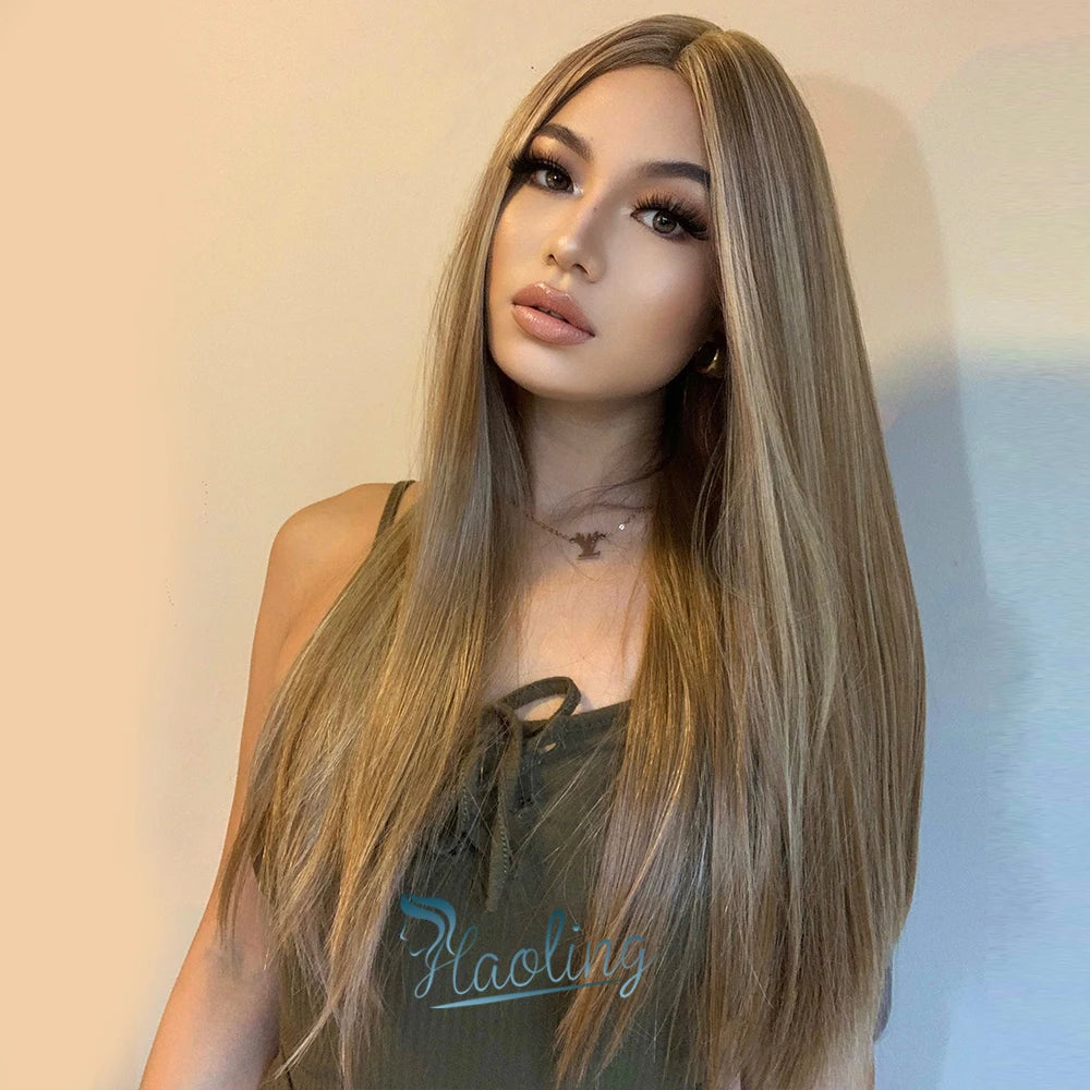 Fast Delivery Highlight Blonde Lace Front Synthetic T Part Lace Wig Natural Wig Long Straight Glueless Transparent Lace Wig