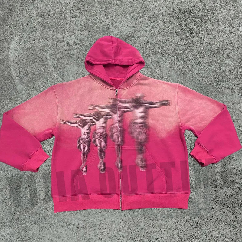 Custom Print Acid Wash Hoodie Streetwear French Terry Oversized Acid Wash Vintage Jacket Zip-up Hoodie Man