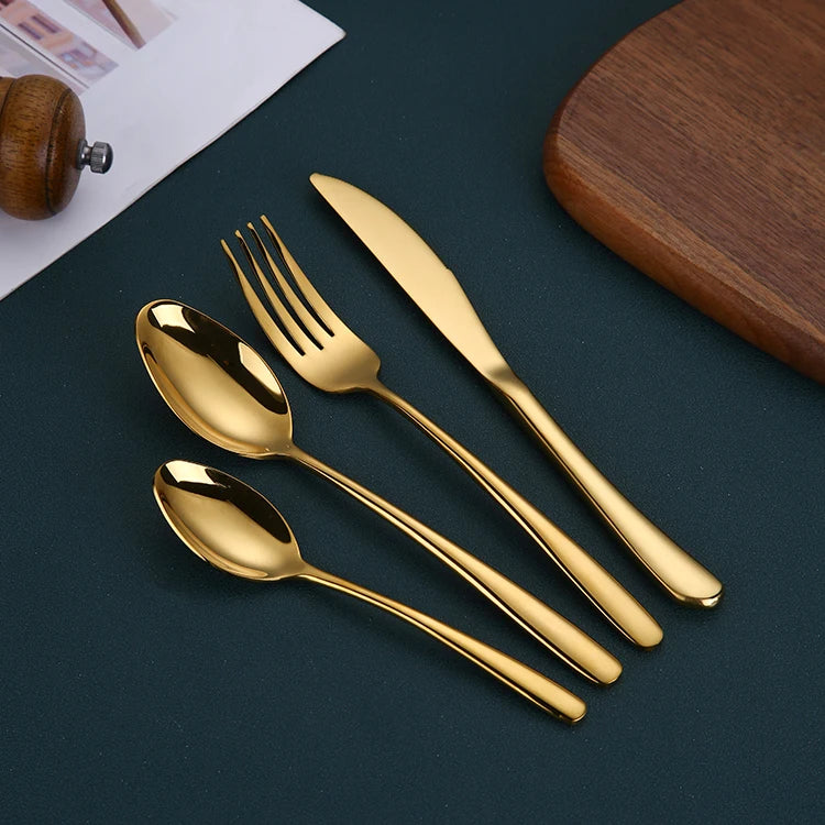 Shiny Mirror Gold 18/10 Stainless Steel Flatware Back to School Wedding High End Cutlery Set SLD Model 6012 Classic