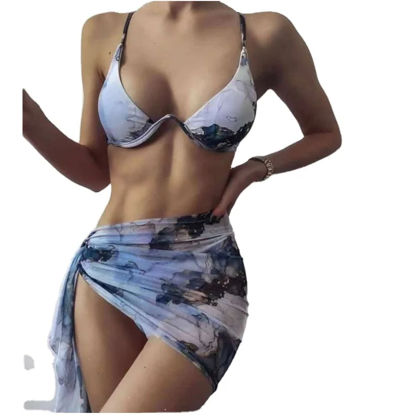 3 Pieces Bikini Set With Skirt Tie Dye String Thong Bathing Suit Women Swimsuit Female Swimwear Beach Wear Swim Lady Summer