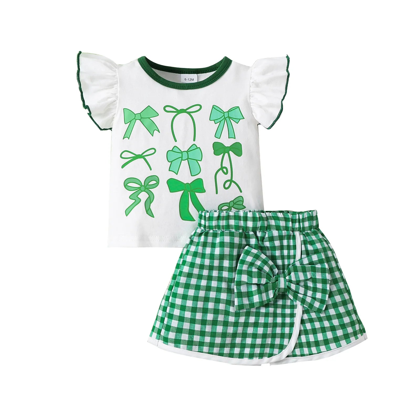 Summer Girls Flying Sleeve Top and Irregular Bow Plaid Skirt
