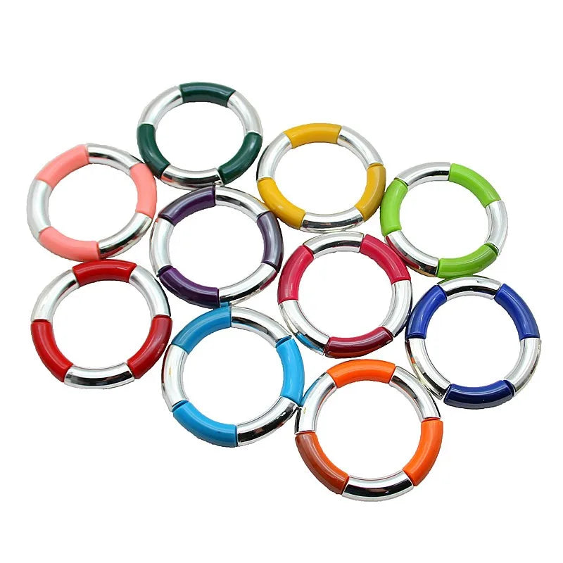 Bohemia Casual Round Resin Bracelet Multicolor Silver Bright Bamboo Tube Beads Acrylic Big Beaded Bracelets Bangles
