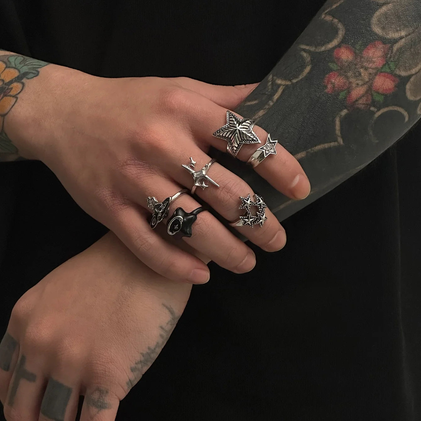 6Pcs/Set Punk Stackable Oil Drop Open Star Rings for Men Trendy Male Street Wearing Finger Ring Fashion Jewelry Accessories Gift