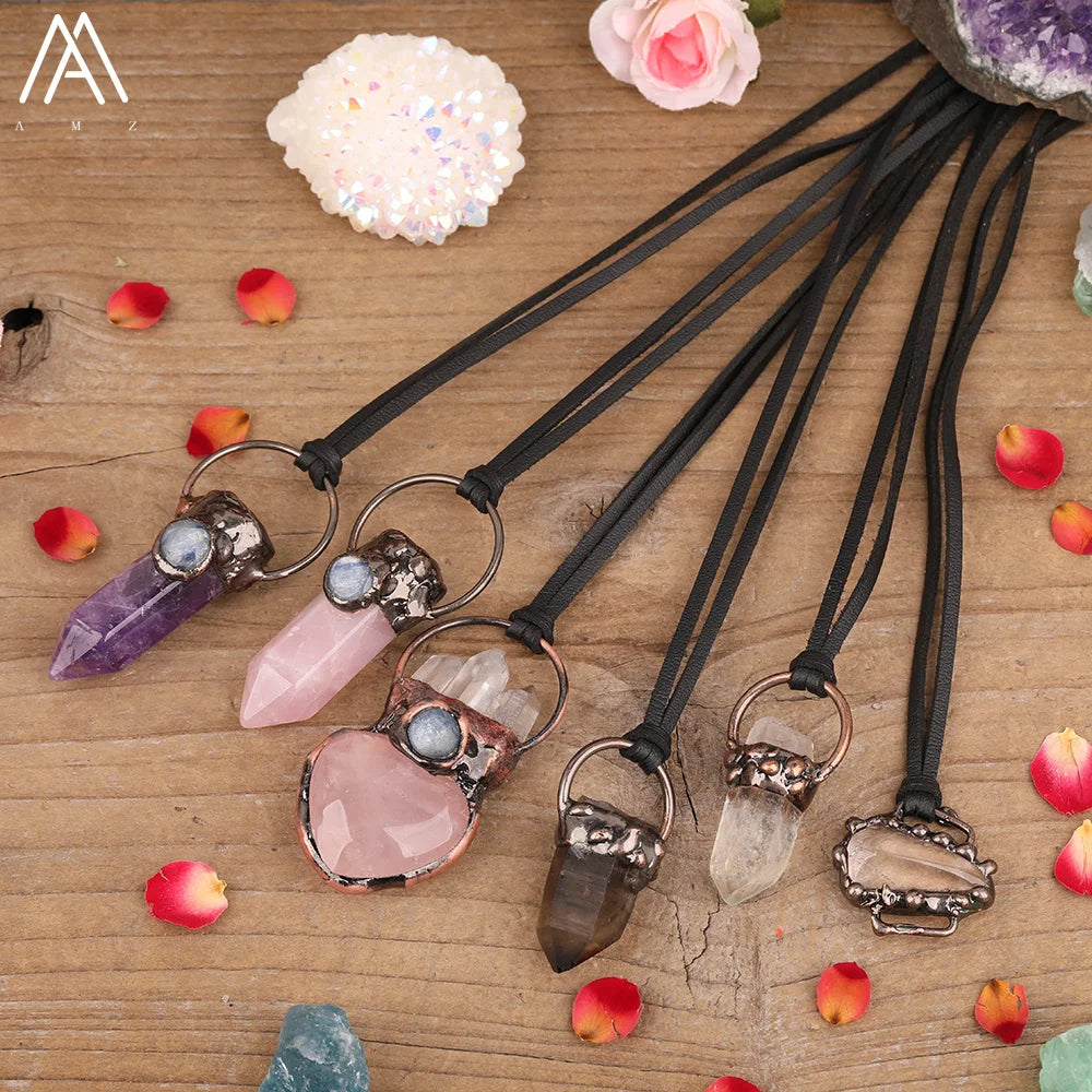 Bohemian Classic Bronze Pendant Necklace DIY Jewelry Natural Stone Raw Crystal Quartz Labradorite Druzy Weddings Parties