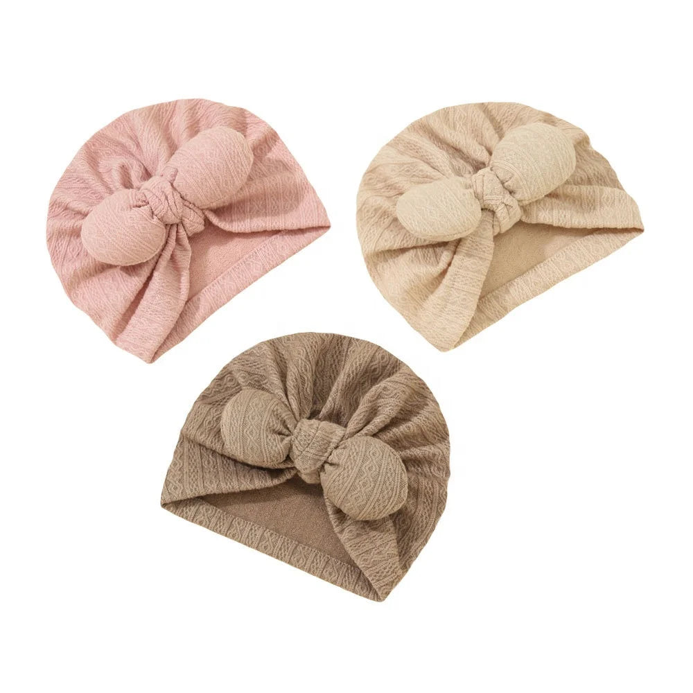 Handmade Cotton Spandex Cute Waffle Beanie Hat with Bow Tie for Babies-White Head Warp Headband Beach & Travel Ready