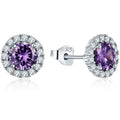 Sterling Silver Glamorous Purple CZ Stud Earrings Rhodium Plated White Cubic Zirconia Halo Wedding Earrings
