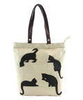 Eco-friendly Black Cotton Linen Cat Dog Pattern Shopping Bag Animal Print Shoulder Jute Tote Bag With Leather Handle