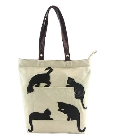 Eco-friendly Black Cotton Linen Cat Dog Pattern Shopping Bag Animal Print Shoulder Jute Tote Bag With Leather Handle