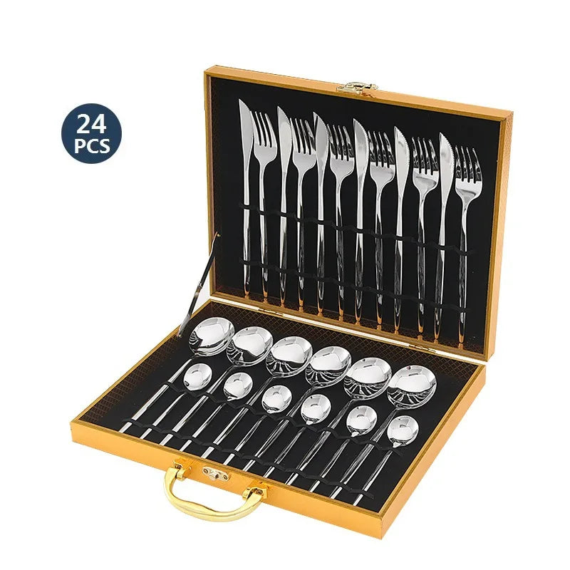 Gold Stainless Steel Cutlery Knife Fork and Spoon Wooden Box Set 24 Pieces Silverware Cutlery Set Gift Box