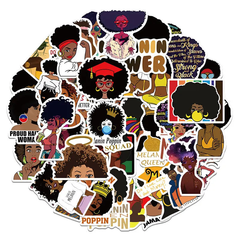 50Pcs Black Melanin Poppin Girl Woman Power Label Custom Paper Decal Die Cast Girl Woman Vinyl Stickers