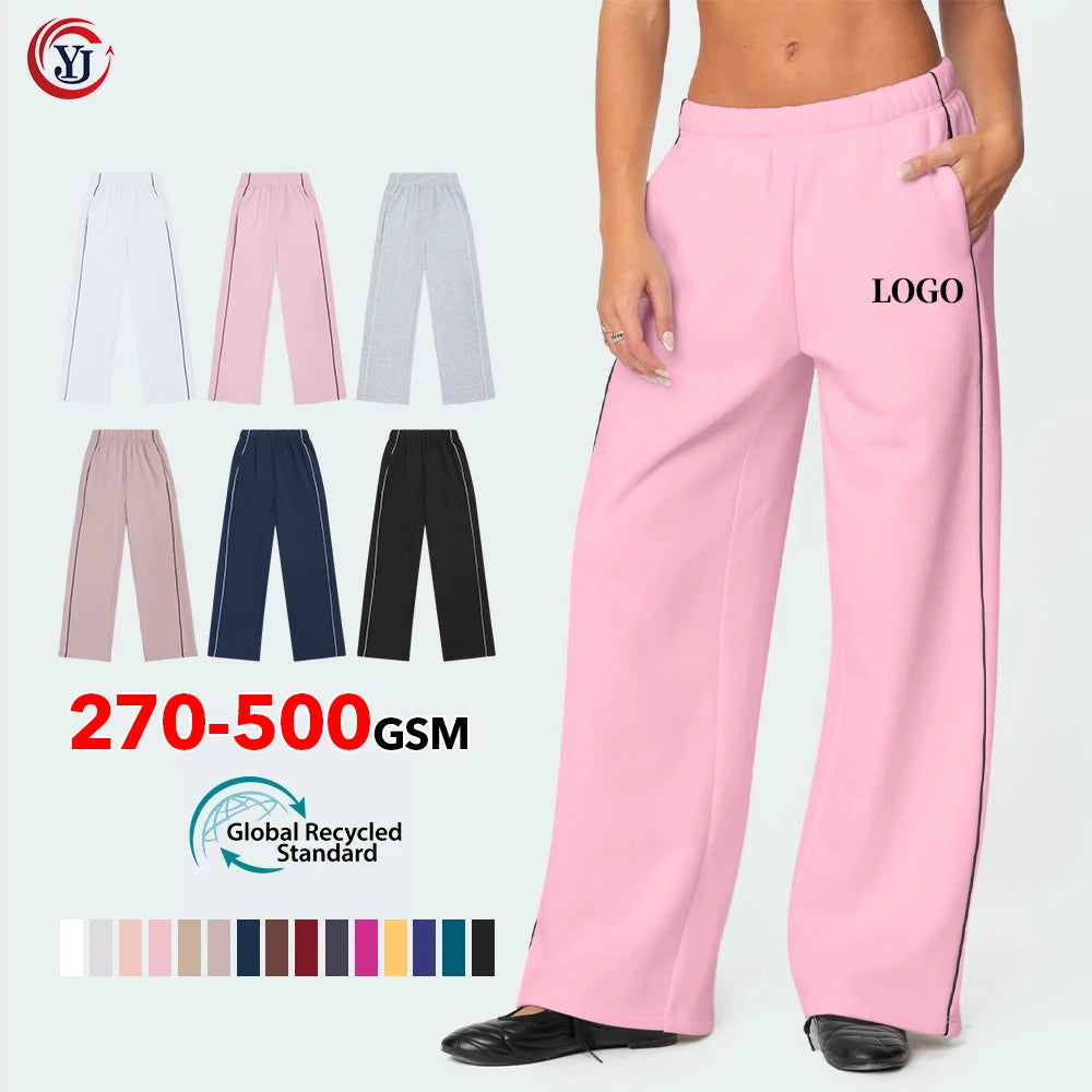 Custom Logo Women's Winter Thermal Breathable Eco-Friendly Baggy Fit Sweatpants Fleece Lined Wide Leg Streetwear Flat Front