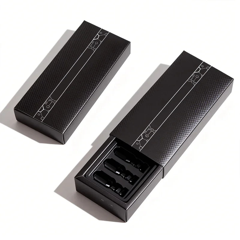 Custom Hot Stamping Embossing Luxury Black Drawer Slide Cardboard Essential Oil Beauty Packaging Paper Box for EVA Insert