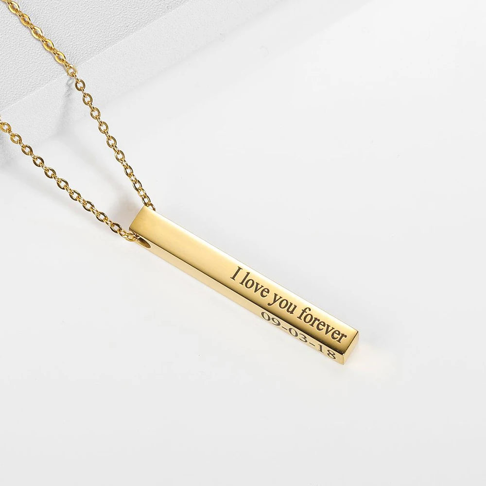 Meaningful Personalized 3D Bar Necklace Engraved Name Date Stainless Steel Vertical Necklace