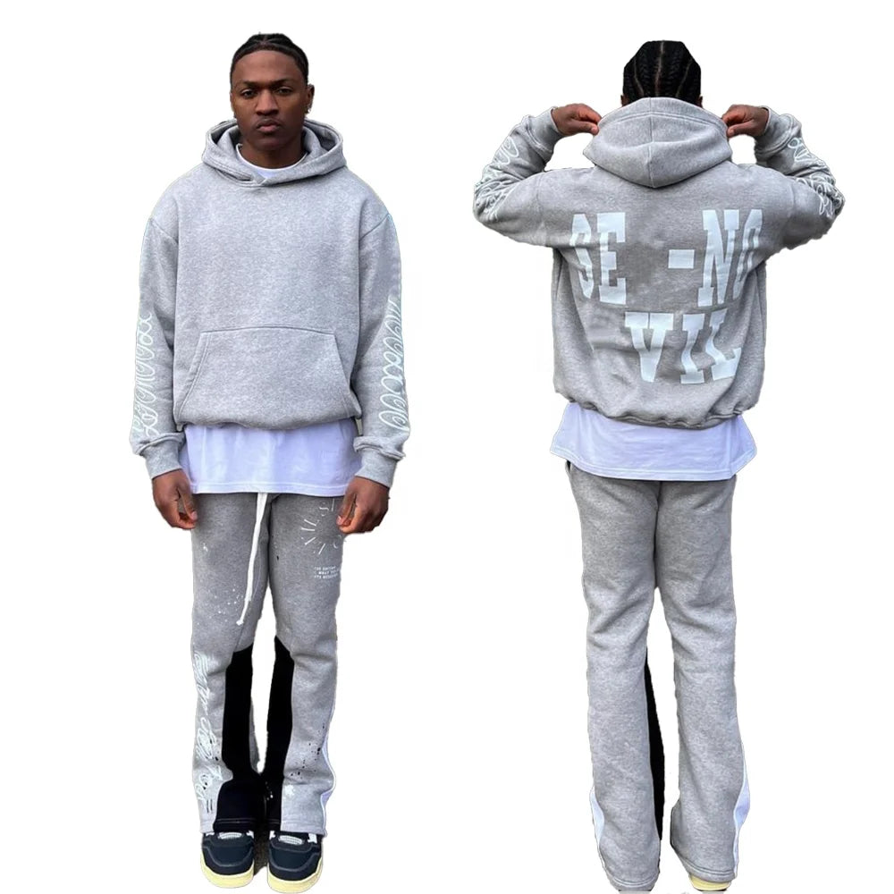 KY Homme Plain Hoodies Baggy Cropped Hooded Sweatshirts French Terry Sweatpants Color Block Panel Sweat Pants