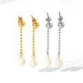 Dainty Stainless Steel 18K Gold Plated Hypoallergenic Long Tassel Freshwater Pearls Stud Earrings for Yong Girls Party