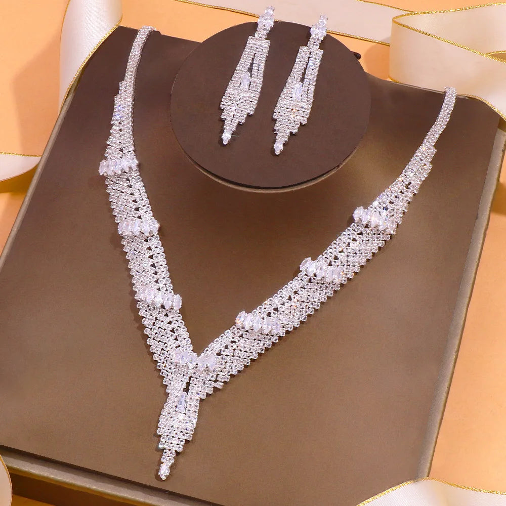 Wedding Party Shiny Zircon Bride Jewelry Set 3pcs Luxury Full Rhinestone Necklace Earring Sets for Women Gifts