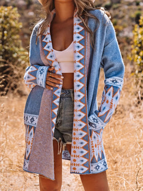 2025 Fall New Arrivals Vintage Aztec Style Open Front Midi Long Knitted Cardigan Sweater for Women Casual Geometric Autumn