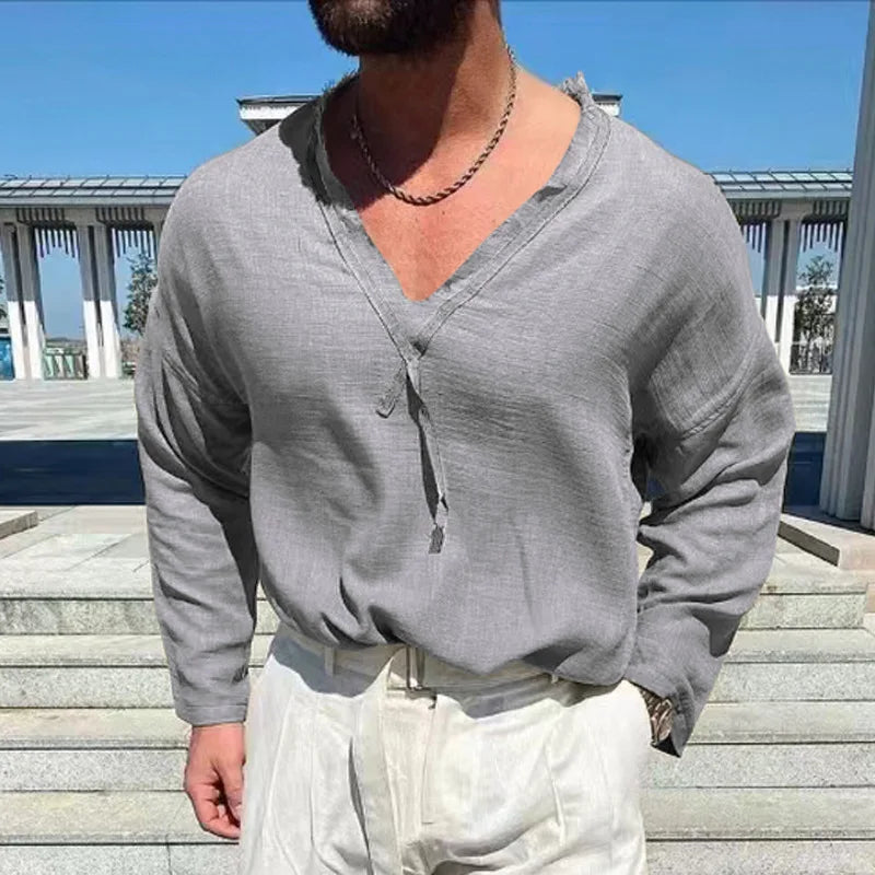 Summer Men's Long Sleeve T-shirt V Neck Man Cotton Linen Top Tee Casual Loose Solid Color T Shirt for Men