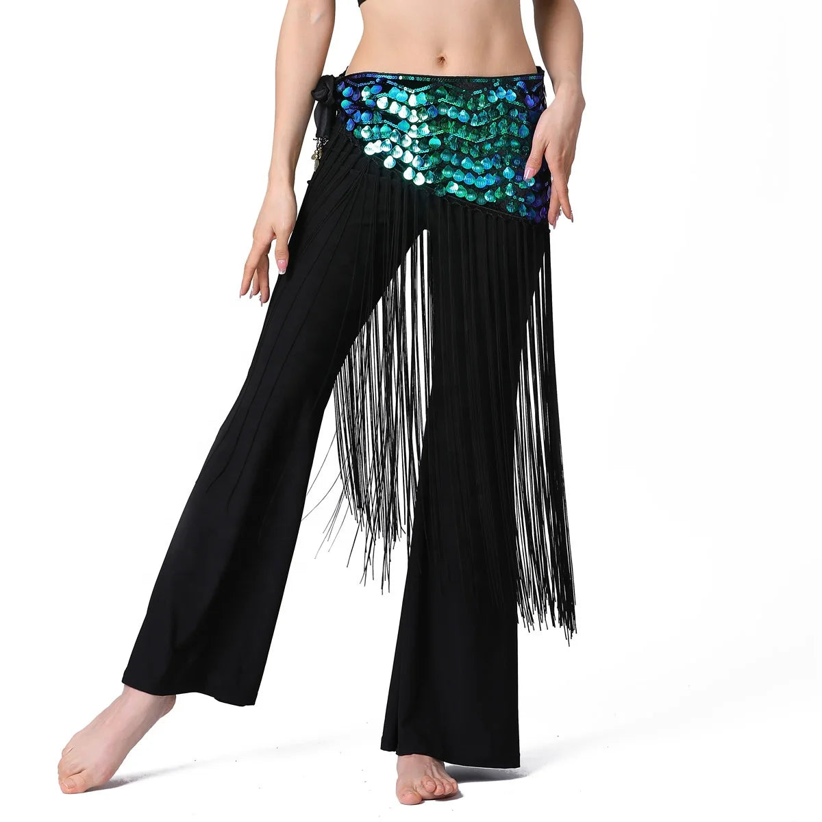 Sparkling Fish Scale Triangular Long Tassel Belly Dance Wrap Skirt Costume