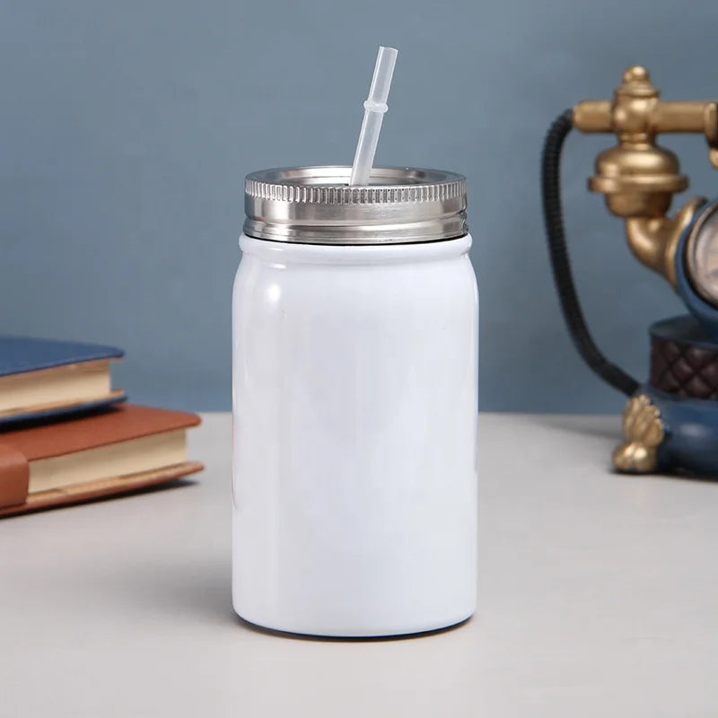 17oz Stainless Steel Sublimation Mason Jar Tumbler Wide Mouth White Stainless Steel Tumbler Jar with Lid and Metal Straw