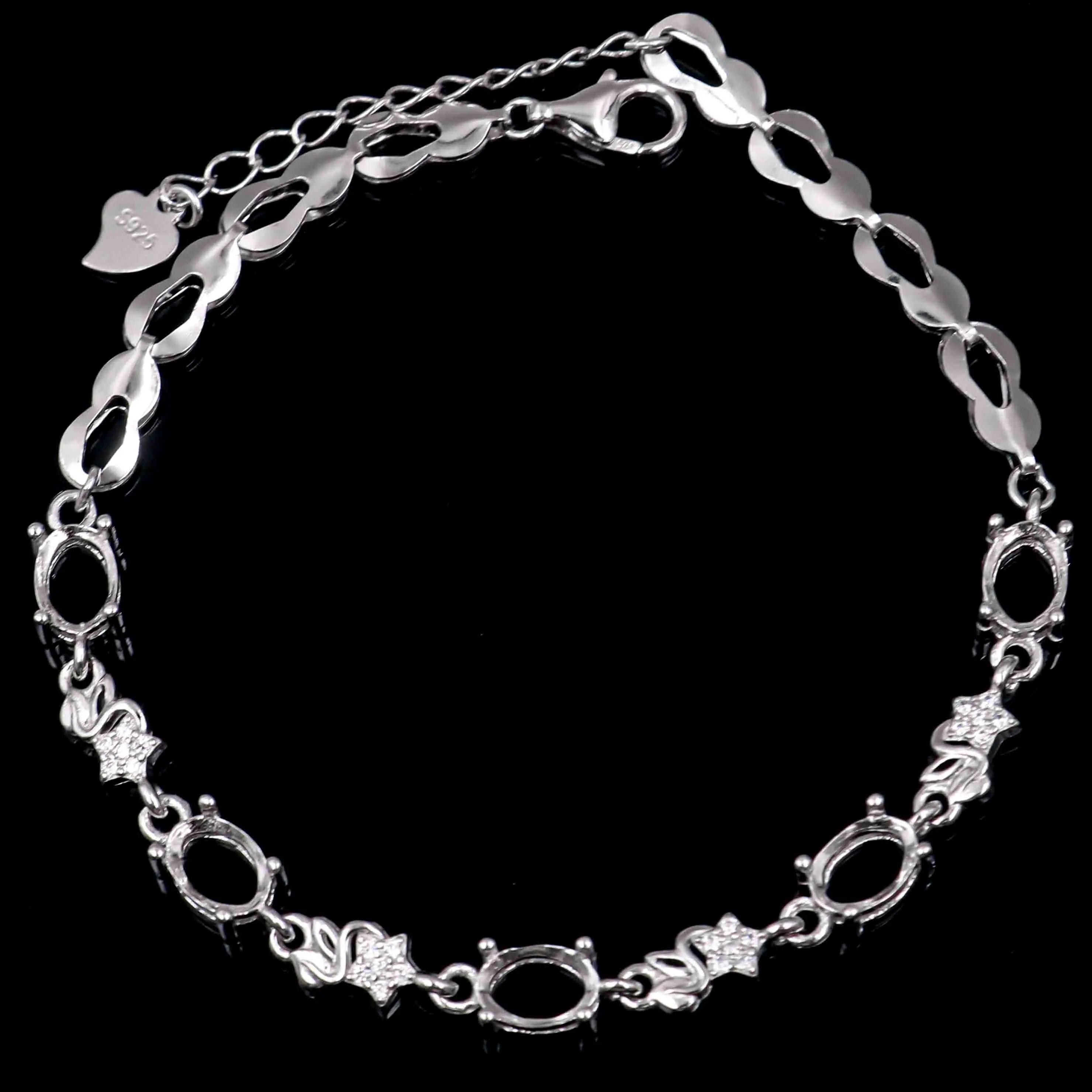 Sterling Silver 5*7mm Semi Mount Bracelet Empty Frame Blank Claws Setting S925 Base Holder Without Center Stone Inlay for DIY