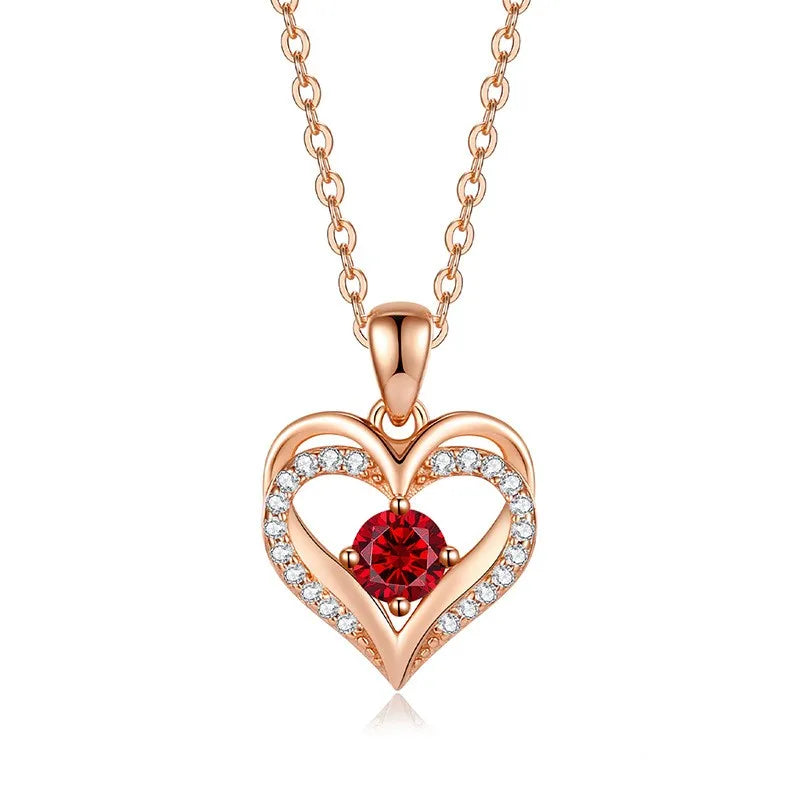 Luxury Diamond CZ Birthstone 925 Sterling Silver Double Heart Pendant Necklace