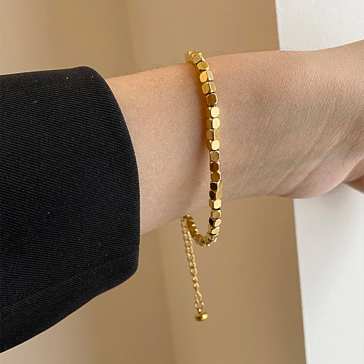 3mm Beaded Cube Bricks Stainless Steel Bracelet Square 18K Gold Plated Bracelets for Women Punk Trendy Fashion Jewelry 2022 Hot