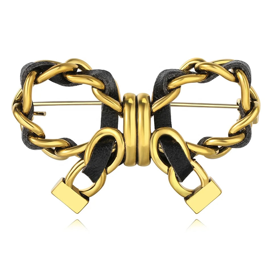 2024 New Retro Exquisite Bronze Metal Black Leather Bow Brooch Women's Jewelry Customized