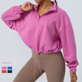 SHINBENE Cotton Terry Quarter Zipper Sweatshirts Gym Top Women Stand Collar Drawstring Hem Running Hoodies