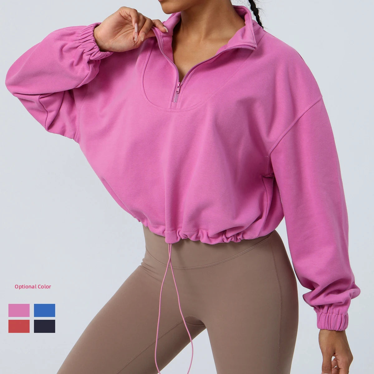 SHINBENE Cotton Terry Quarter Zipper Sweatshirts Gym Top Women Stand Collar Drawstring Hem Running Hoodies